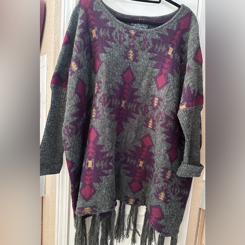 Powder River Outfitters Women's Gray and Purple Western Poncho Sweater